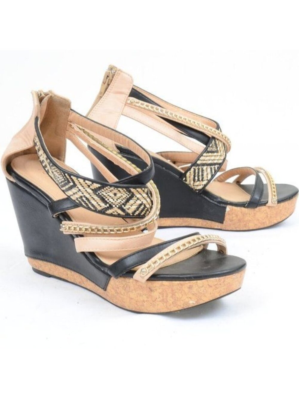 Torrid Women's 8 WIDE Width Geo Aztec Chain Strappy Wedge Sandals Boho Festival